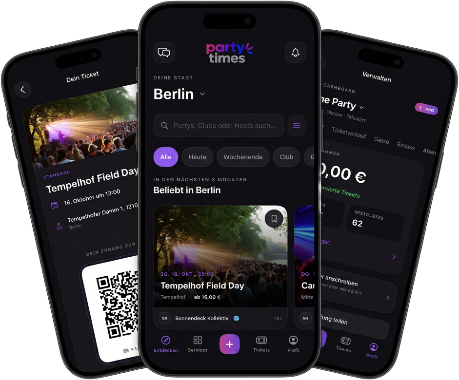 Party Times als gefächerter Flyer: Entdecken vorne mittig, Ticket links und Eventverwaltung rechts dahinter