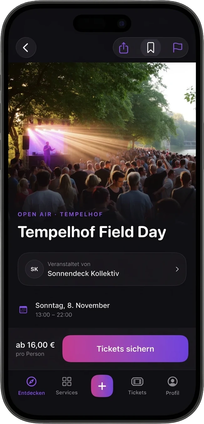 Party Times App: Eventdetail Tempelhof Field Day mit Tickets sichern