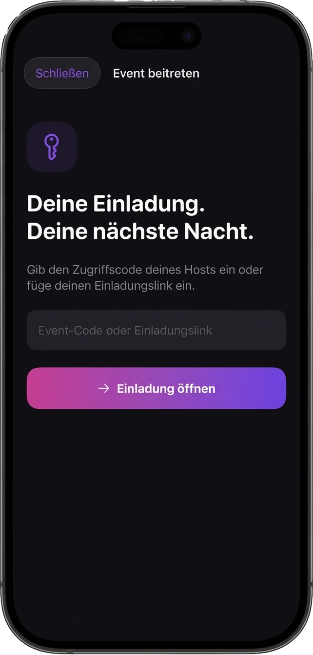 Party Times App: private Einladung mit Event-Code öffnen
