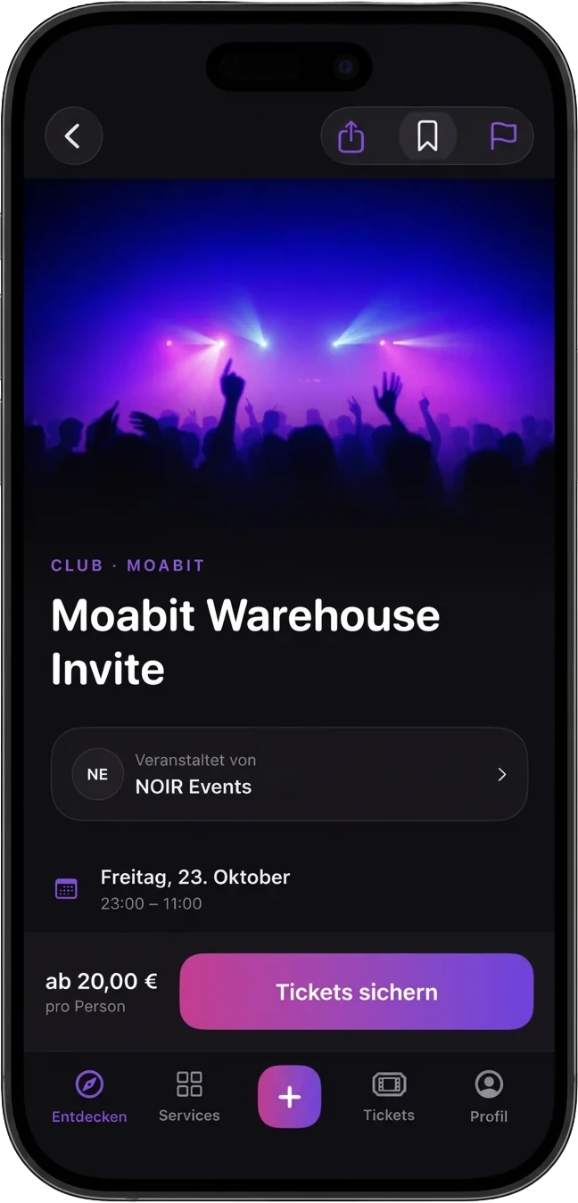 Party Times App: Eventdetail Moabit Warehouse Invite