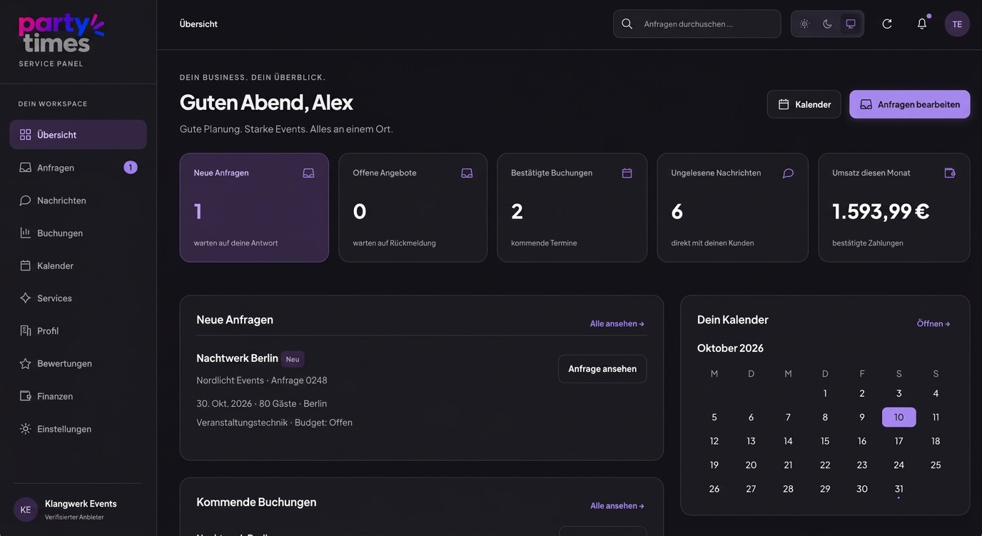 Party Times Service Panel: Anfragen & Angebote, Buchungen & Kalender, Nachrichten & Finanzen mit Beispieldaten